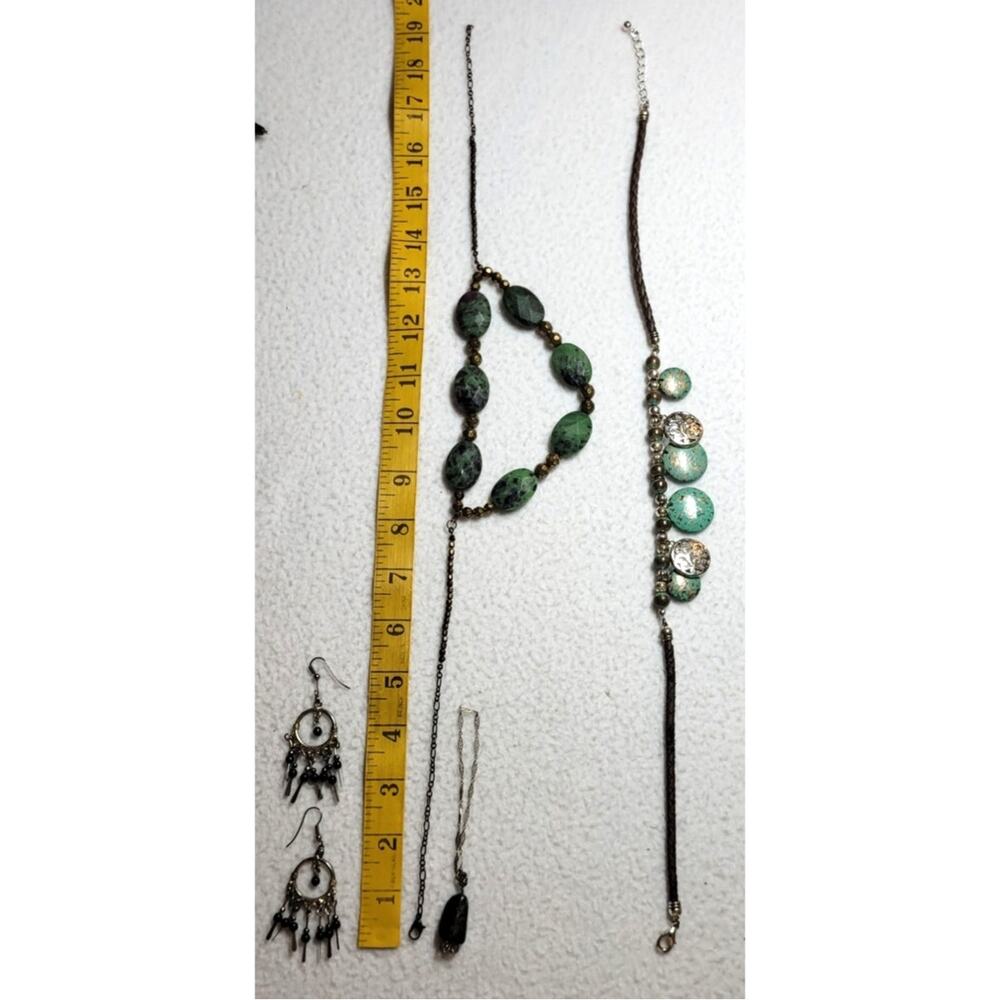 Southwest Boho Necklace Earrings Bracelet 4 Pc Lot Faux Turquoise Green Bronze - Picture 5 of 12